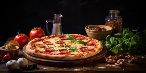 Fresh baked tasty pizza with meat and vegetables and herbs on dinner table. Meal food restaurant background scene