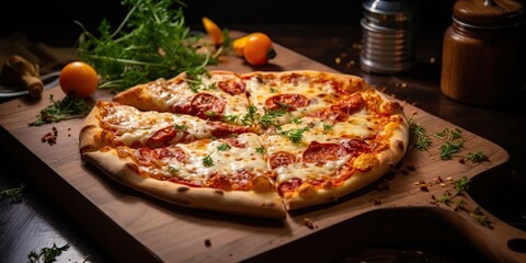 Fresh baked tasty pizza with meat and vegetables and herbs on dinner table. Meal food restaurant background scene