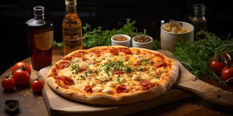 Fresh baked tasty pizza with meat and vegetables and herbs on dinner table. Meal food restaurant background scene