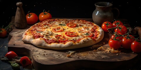 Fresh baked tasty pizza with meat and vegetables and herbs on dinner table. Meal food restaurant background scene