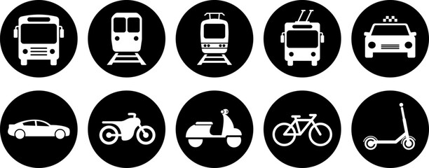 Bus, tram, trolleybus, subway, scooter, moped, bicycle and car icons as symbols of city transport