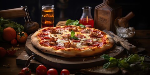 Fresh baked tasty pizza with meat and vegetables and herbs on dinner table. Meal food restaurant background scene