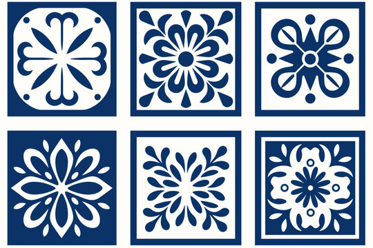Mediterranean tile abstract geometric floral patterns in blue and white. Vector illustration