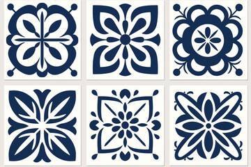 Mediterranean tile abstract geometric floral patterns in blue and white. Vector illustration