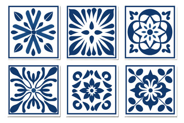 Mediterranean tile abstract geometric floral patterns in blue and white. Vector illustration