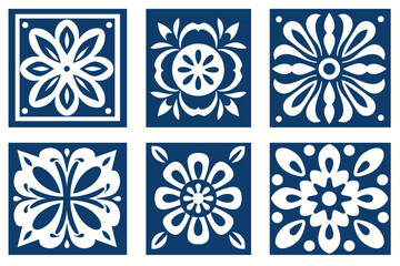 Mediterranean tile abstract geometric floral patterns in blue and white. Vector illustration