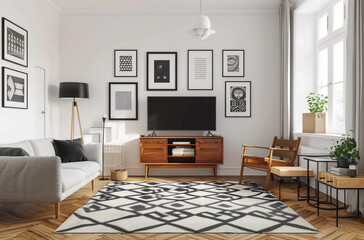 Obraz premium Photo of a modern living room with midcentury furniture, white walls adorned in the style of black and grey framed art prints on the wall above the sofa, a vintage wooden cabinet near the TV setup