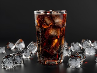 Cola with ice cubes. Cola glass with lots of ice on black background.