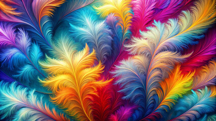 A background filled with vibrantly colored feathers in a swirling, dreamlike pattern - obrazy, fototapety, plakaty