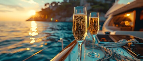 Affluent Individuals Enjoying Champagne on a Yacht in the Sun. Concept Luxury Lifestyle, Yachting, Champagne Toast, Sun-soaked Deck, Affluent Individuals - obrazy, fototapety, plakaty