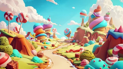  The landscape is a fantasy sweet candy land game with a road, a road of sweet confectionery food and a childish landscape. The cake and confectionery food is combined with chocolate in a dream scene © Mark