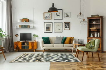 Fototapeta premium Photo of a modern living room with midcentury furniture, white walls adorned in the style of black and grey framed art prints on the wall above the sofa, a vintage wooden cabinet near the TV setup