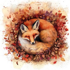 Fototapeta premium A delicate watercolor of a fox curled up in a bed of autumn leaves, its fur a blend of soft oranges and reds against the muted earth tones of the foliage