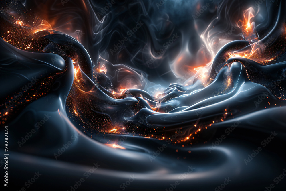 Poster abstract fiery sparks and flowing dark fabric. digital art background with copy space. design for po