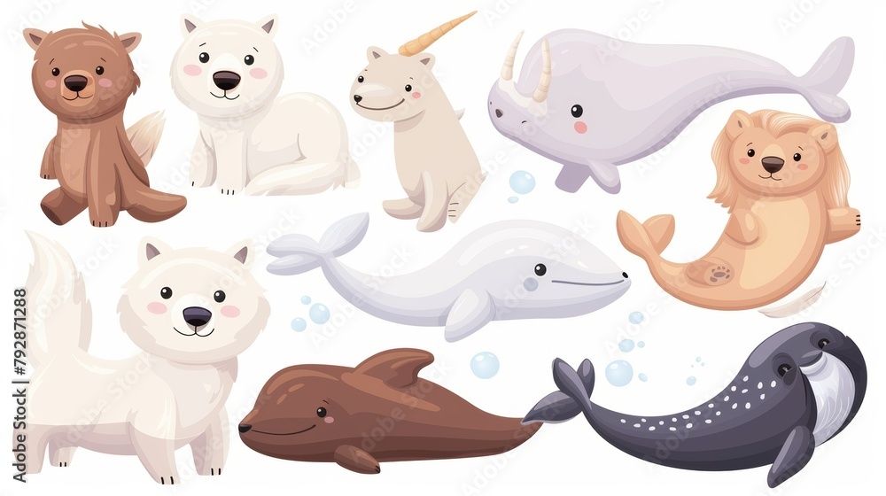 Wall mural This cartoon illustration set of wild animals from the north pole includes a white wolf, swimming beluga, narwhal, big brown harbor, and a small baby harp seal. - Wall murals