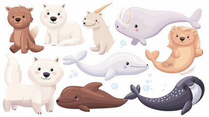 This cartoon illustration set of wild animals from the north pole includes a white wolf, swimming beluga, narwhal, big brown harbor, and a small baby harp seal.