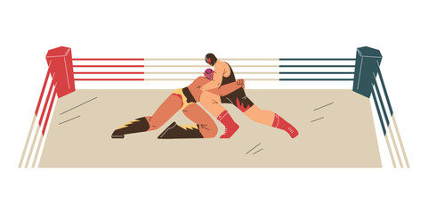 Vector image of wrestling wrestlers in a duel in the ring, demonstrating the techniques of freestyle and Greco-Roman wrestling.