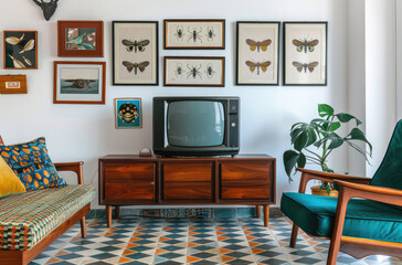 Fototapeta premium Photo of a modern living room with midcentury furniture, white walls adorned in the style of black and grey framed art prints on the wall above the sofa, a vintage wooden cabinet near the TV setup