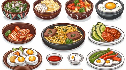 Typical Korean food set isolated on a white background. Modern illustration featuring spicy meat, eggs, vegetables, noodles and wooden chopsticks in bowls.