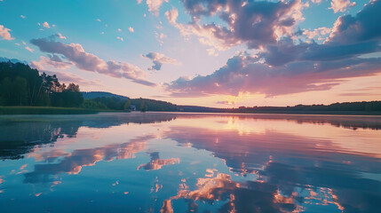Beautiful lake at sunset. Time-lapse. Blue sky