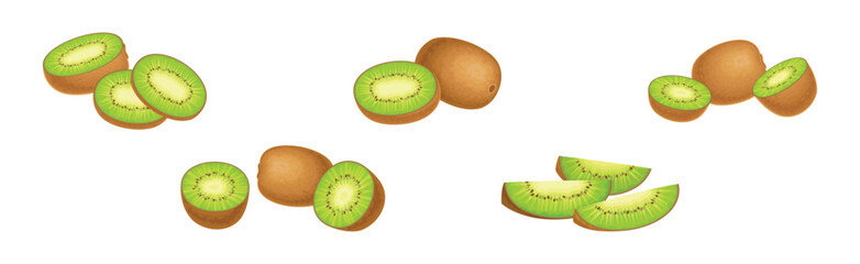 Fresh Kiwi Fruit with Green Pulp Vector Set
