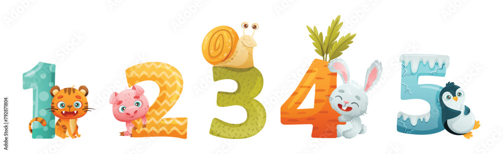 Poster funny animal with numbers and numeral vector set