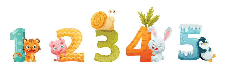Funny Animal with Numbers and Numeral Vector Set