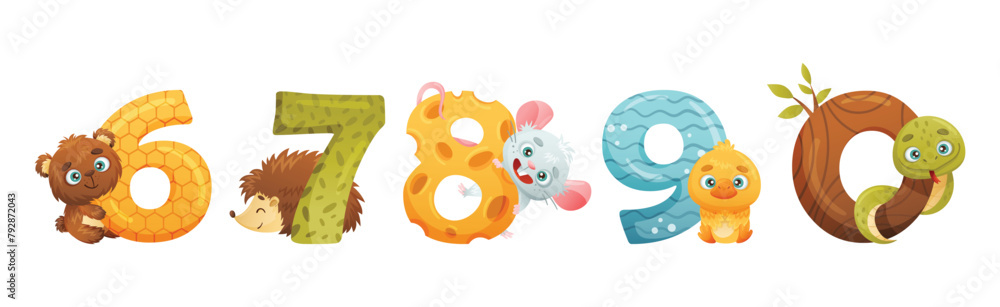 Poster funny animal with numbers and numeral vector set