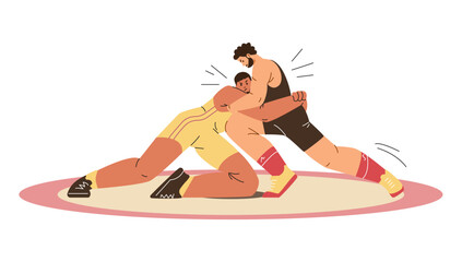Two strong wrestlers men fighting in sportwear, vector cartoon Greco Roman wrestling battle, sport game competition
