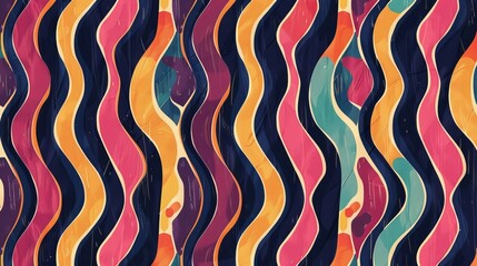 The retro seamless pattern has vertical stripes, lines, and curls in colors.