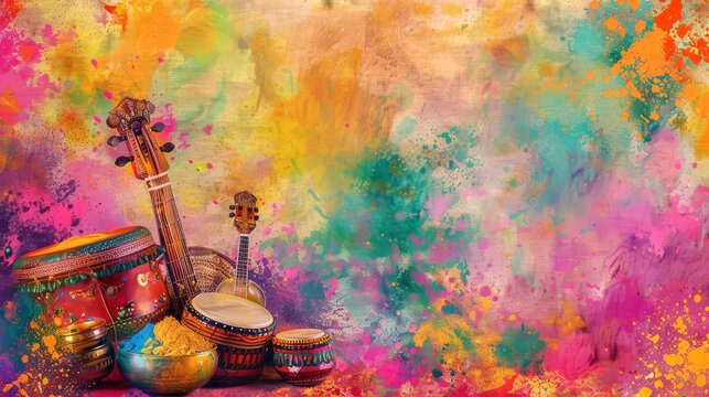 A celebration of Holi with a focus on music. Depict a hand-painted background with traditional Indian musical instruments a dhol harmonium and sitar a decorated with colorful powder.