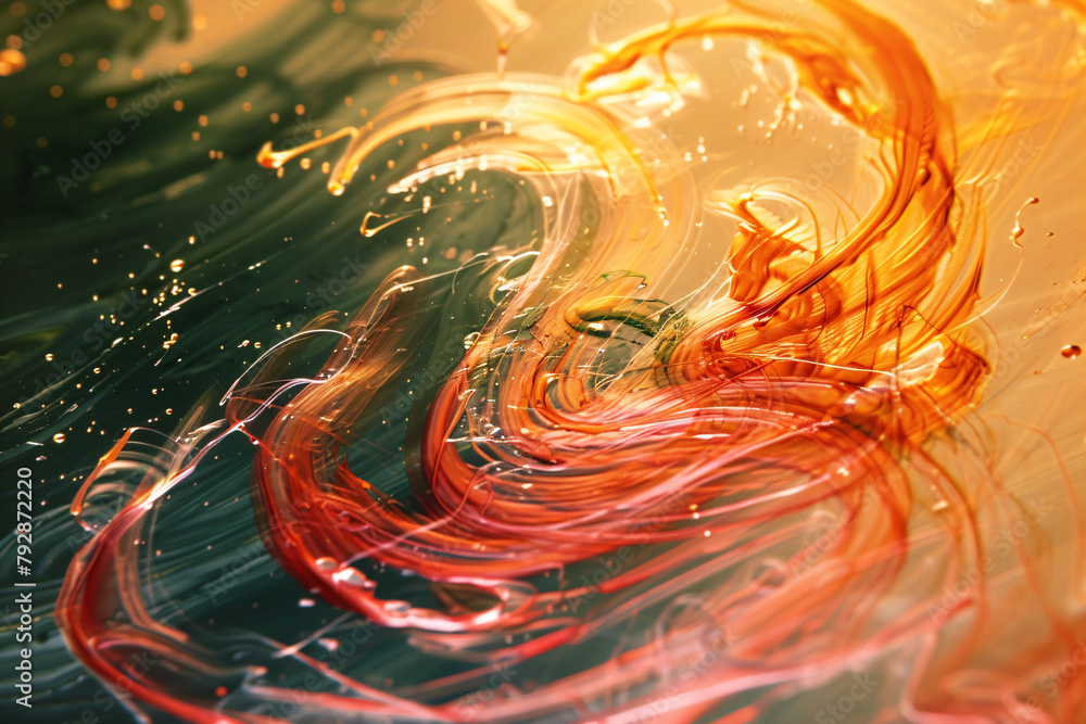 Poster vivid paint swirls with sparkling splashes on green background. artistic abstract pattern for wallpa