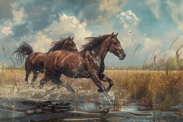 A pair of horses galloped across the meadow. - obrazy, fototapety, plakaty