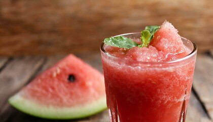 Watermelon juice on wooden background. Macro, close-up.
