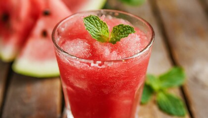 Watermelon juice on wooden background. Macro, close-up.
