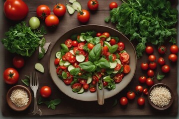 'healthy vegetarian salad making preparation tomatoes rustic background top view banner copy space up high board catering concept cook cooking cutting dark diet food fresh gastronomy green herb'