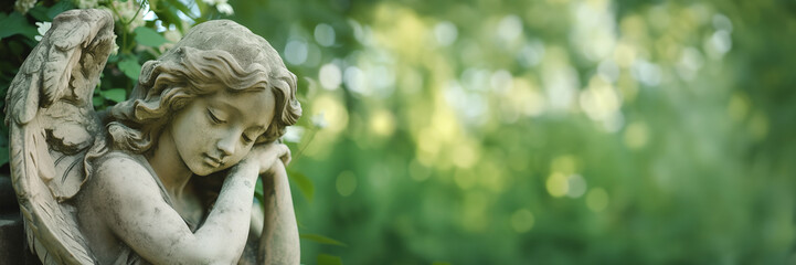 Grieving angel statue on green panoramic background with copy space, funeral services, sadness and mourning web banner