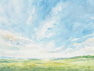 A pastoral watercolor shows a rolling meadow under a vast sky, with broad strokes of light blues and soft greens suggesting space and tranquility - obrazy, fototapety, plakaty