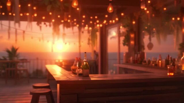 Tropical summer sunset beach bar background. Outdoor restaurant, Led light candles and wooden tables, chairs under beautiful sunset sky, sea view.	
