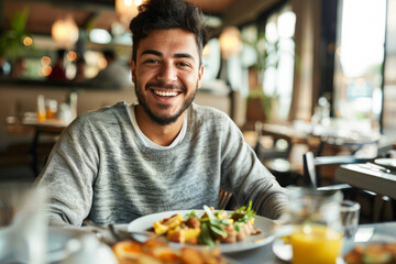 A cheerful Latina man savors his breakfast at the hotel, making eye contact with the camera with a joyful expression while enjoying his meal.