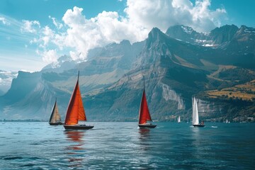Photo of four boats sailing in front of majestic mountains