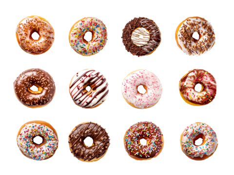 Collection set, assortment of glazed donuts isolated on transparent background, png file
