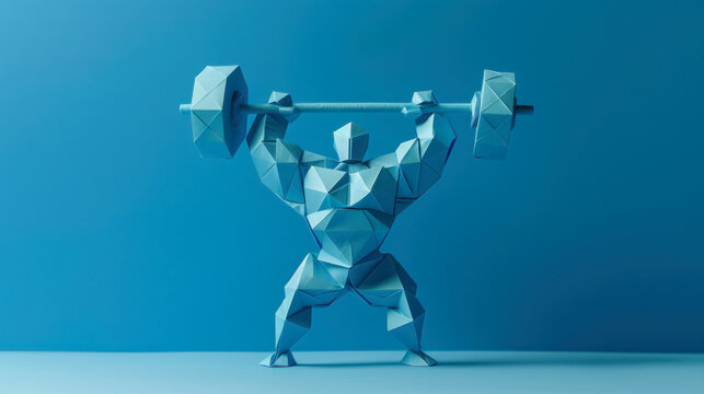 abstract origami weightlifter in action on blue background symbolizing strength and olympic weightlifting