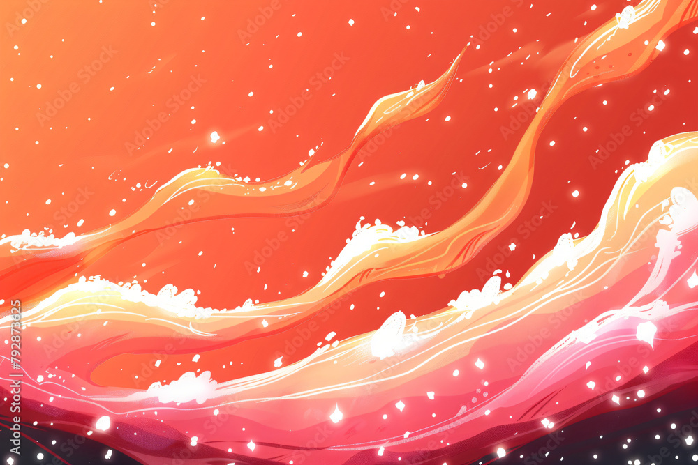 Poster abstract orange and yellow waves with sparkling particles on red background. digital art wallpaper. 