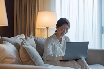 A content Japanese businesswoman sits in a hotel room, immersed in browsing the internet on her laptop. The minimalist decor of the room enhances her focus on the screen.