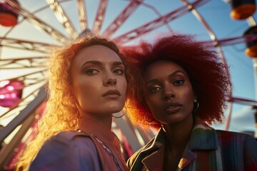 Portrait of two multiracial women at the fair with the Ferris wheel behind them