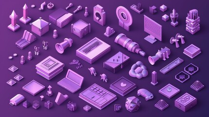 Creating your own website design is easy with this modern illustration of the website constructor isometric icon set. 3D pictograms or signs template for creating a customized website interface, - obrazy, fototapety, plakaty