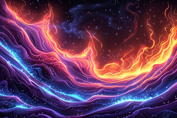 Vibrant abstract wave pattern with neon pink and blue lines on dark space background. Futuristic fluid art wallpaper. Energy flow concept suitable for banner and graphic design - obrazy, fototapety, plakaty
