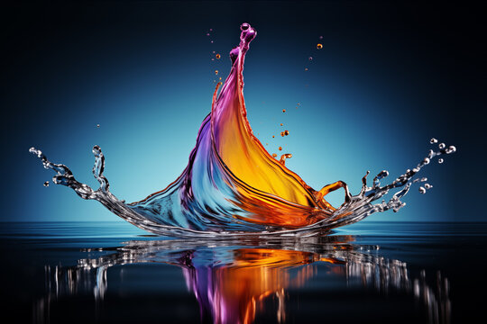 Falling drop on water surface with splash and riddles, liquid droplet, colorful abstract