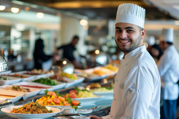 A dedicated Arab waiter attends to guests during buffet breakfast in the hotel restaurant, emanating warmth and professionalism as they look at the camera with a friendly smile.